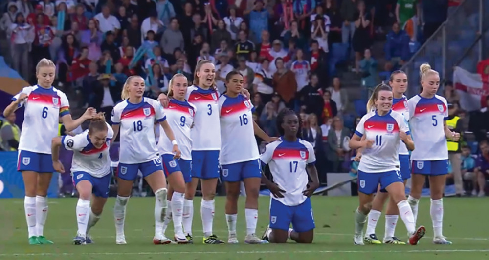 Michelle was on her knees as Chloe Kelly scored the winning penalty. Picture BBC Sport. 