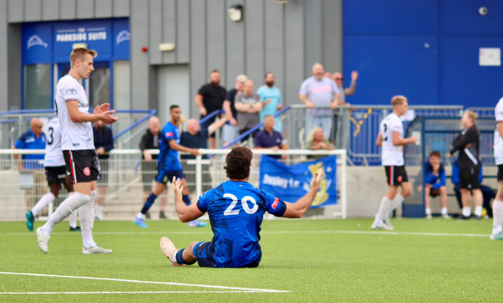 Claims for a penalty for a foul on Suley Zuhdu late in the match with the score at 0-0 were waved away. Picture by Alex Barner. 